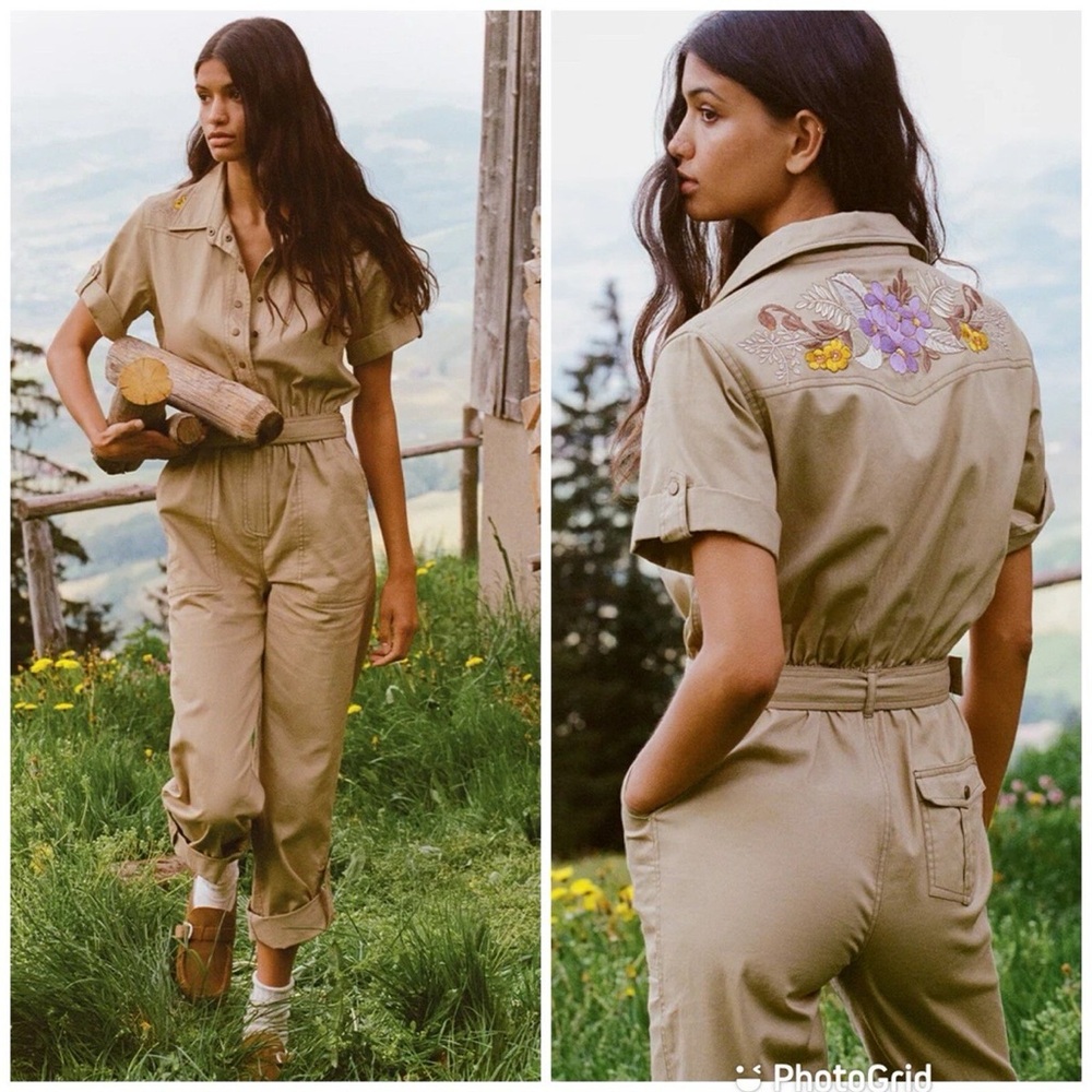 Spell Foxglove Embroidered Utility Jumpsuit - Tan